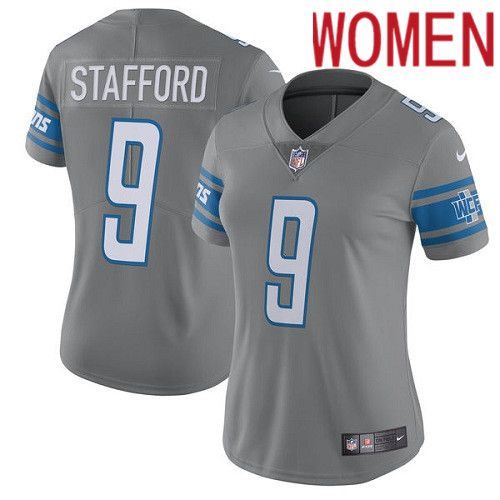 Women Detroit Lions 9 Matthew Stafford Nike Grey Rush Vapor Limited NFL Jersey